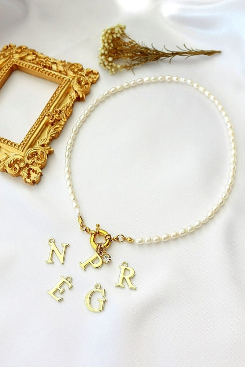 24 Karats Custom Initial Freshwater Pearls Front Opening Choker
